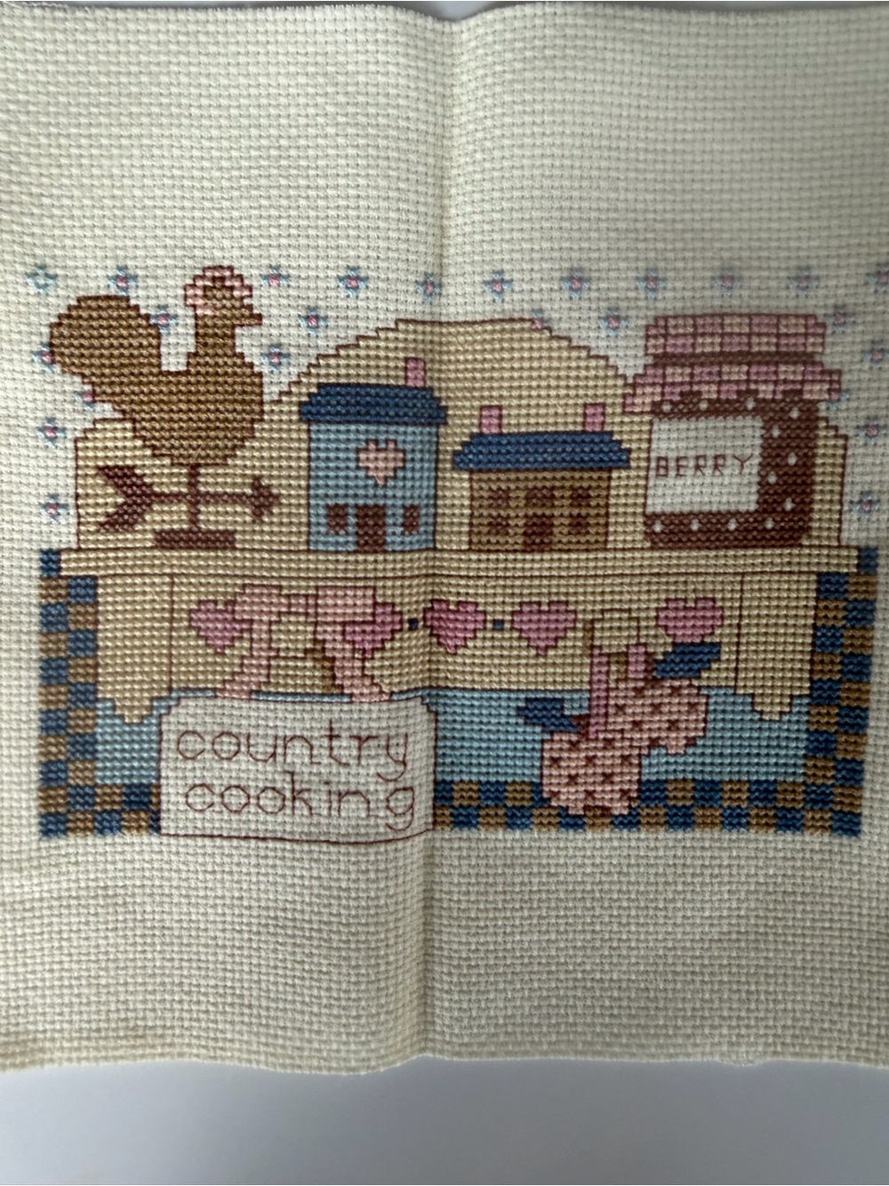 Vintage Hand Crafted Country Kitchen Cross Stitch in Blue, Pink, Brown
